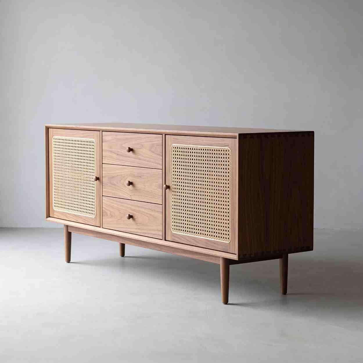 Premium Walnut Rattan Sideboard Buffet Cabinet – Modern Cane Door Wooden Storage Unit for Living Room & Dining