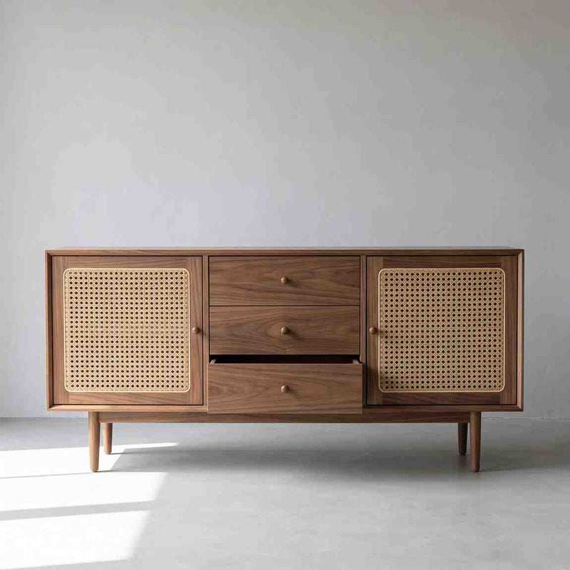 Premium Walnut Rattan Sideboard Buffet Cabinet – Modern Cane Door Wooden Storage Unit for Living Room & Dining