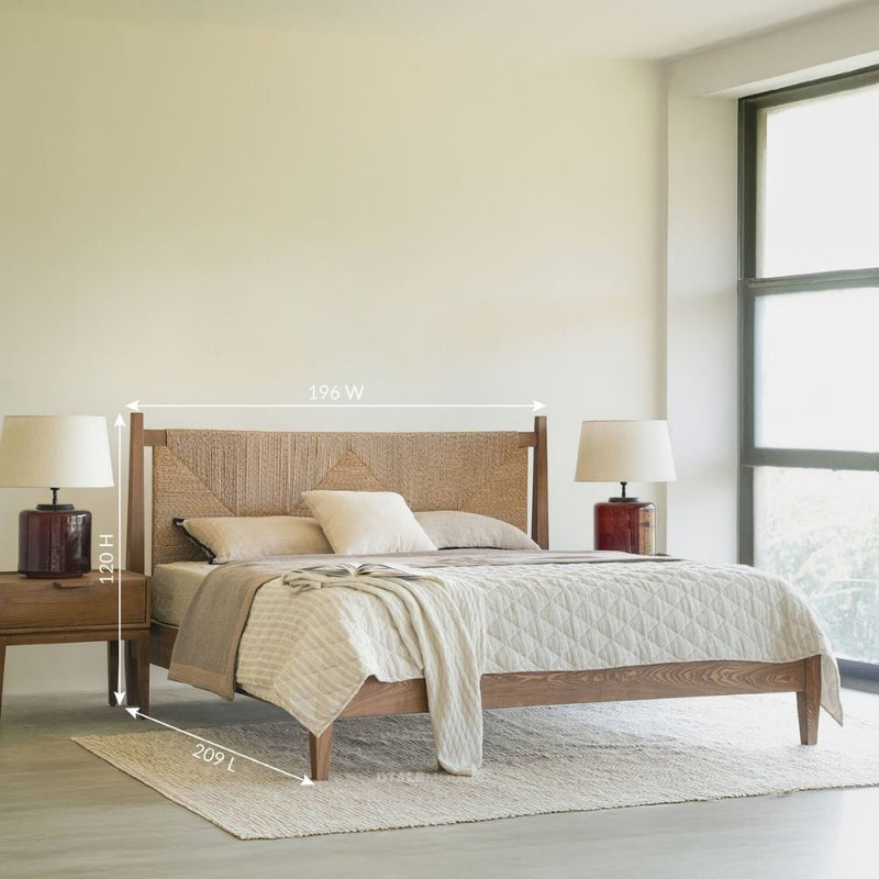 Woven Bed – Queen | European Ash Wood & Synthetic Rattan | Faded Teak Finish