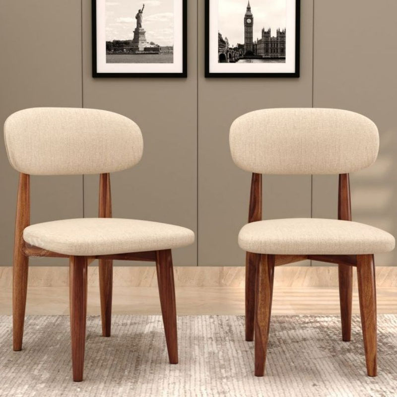 Set of 2 Sheesham Wood Dining Chairs with Plush Ivory Upholstery – Teak Finish