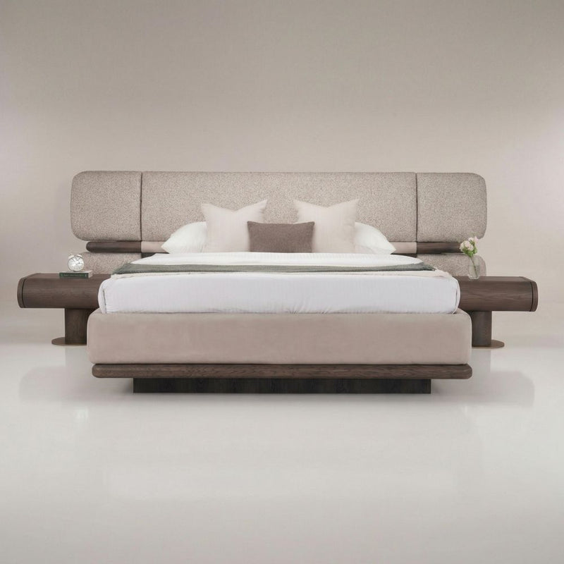 Upholstered King Size Bed with Two Bedside Tables | Boucle & Nubuck Fabric