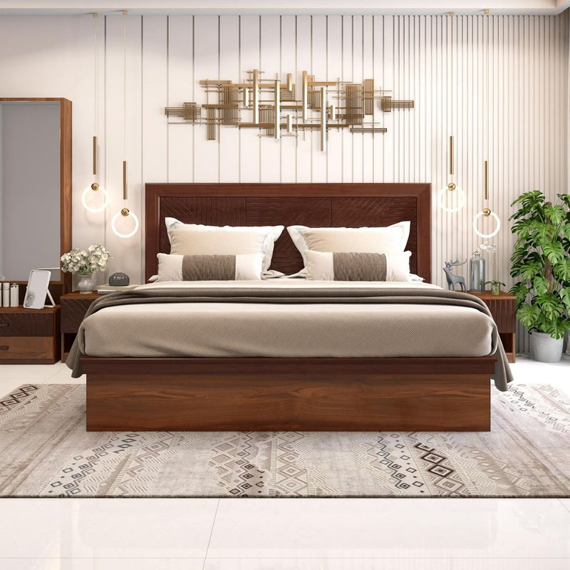 King Size Bed with Veneer Headboard & Hydraulic Storage | Walnut Matte Finish