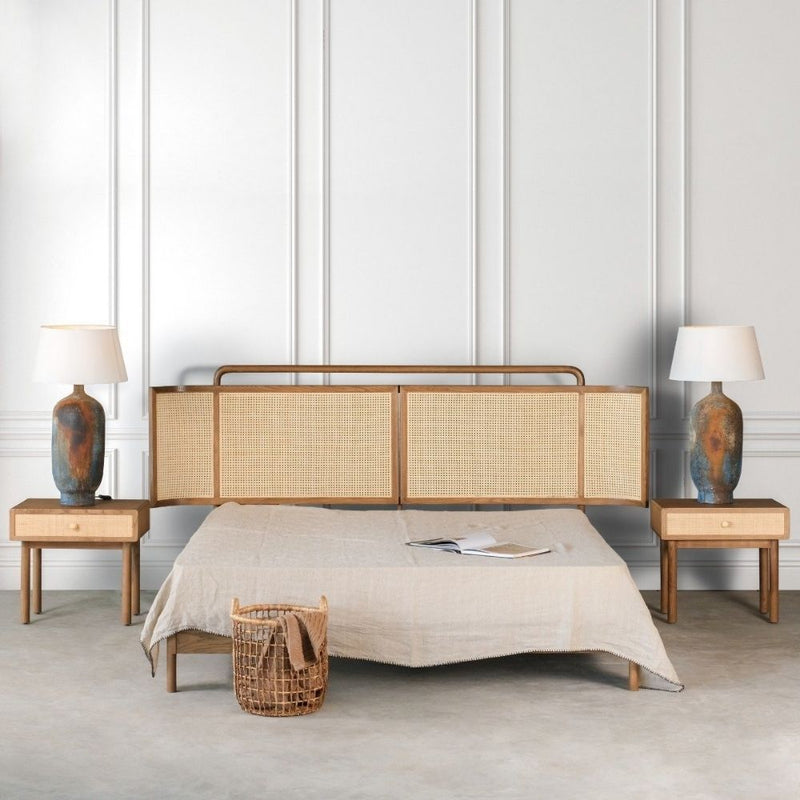 Rattan Bedcot – Queen | European Ash Wood with Rattan Detailing | Dull Teak Finish