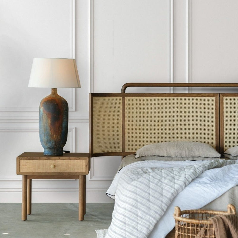 Rattan Bedcot – Queen | European Ash Wood with Rattan Detailing | Dull Teak Finish