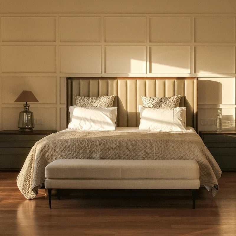 Upholstered Bed Cot – Queen | European Ash Wood with Burnt Amber Finish