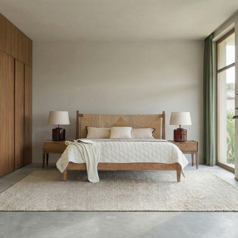 Woven Bed – Queen | European Ash Wood & Synthetic Rattan | Faded Teak Finish